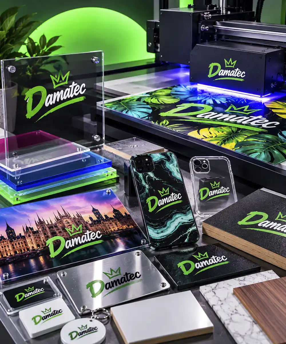 Stampa UV LED su plexiglass cover targhe e materiali rigidi Damatec Milano